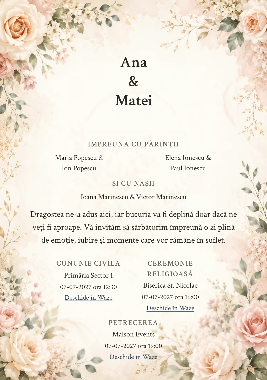 Invitație digitală de nuntă Floral Elegant, fundal florală crem blush, potrivit pentru pachetele Basic și Premium