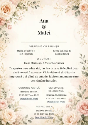 Invitație digitală de nuntă Floral Elegant, fundal florală crem blush, potrivit pentru pachetele Basic și Premium