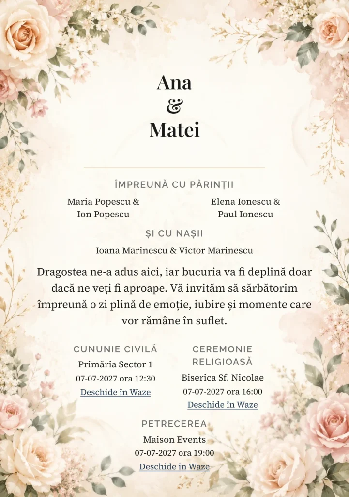 Floral Elegant, în colecția de invitații nuntă, are ca reper vizual flori fine, în nuanțe de crem cald, blush și verde salvie.