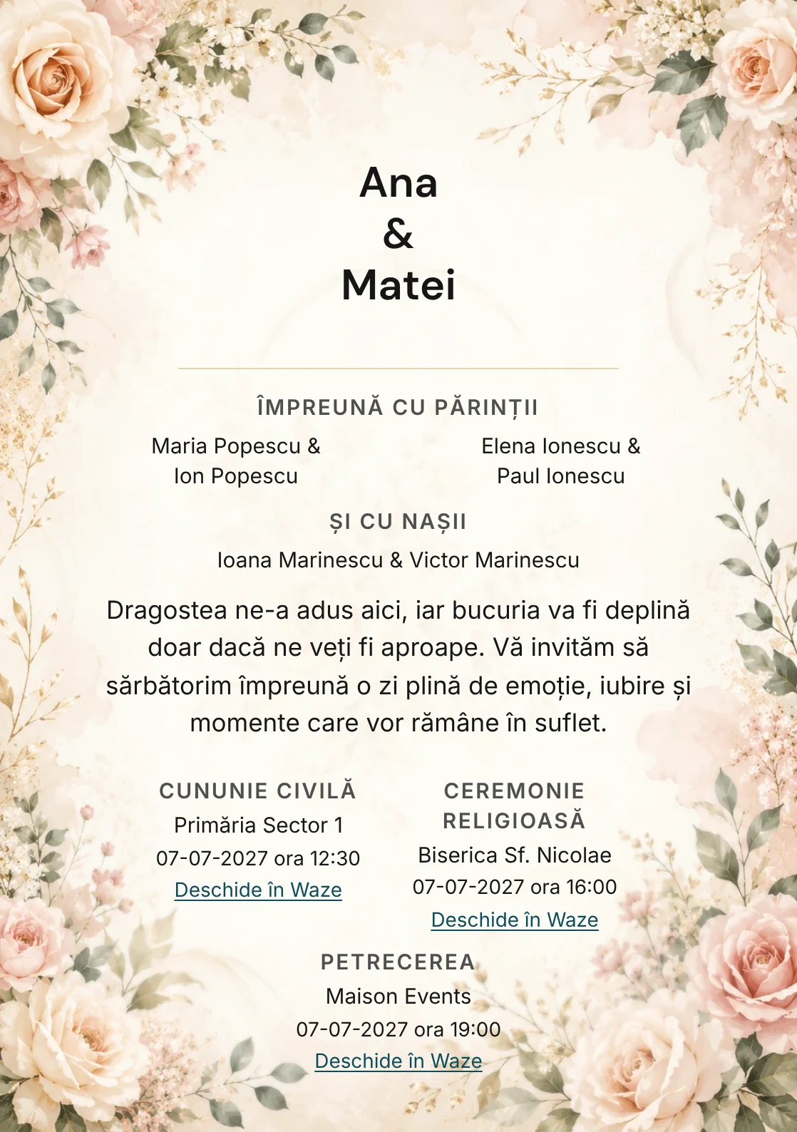 Invitație digitală de nuntă Floral Elegant, fundal florală crem blush, potrivit pentru pachetele Basic și Premium
