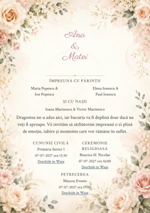 Invitație digitală de nuntă Floral Elegant, fundal florală crem blush, potrivit pentru pachetele Basic și Premium