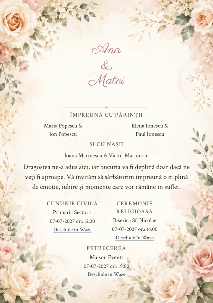 Floral Elegant, în colecția de invitații nuntă, are ca reper vizual flori fine, în nuanțe de crem cald, blush și verde salvie.