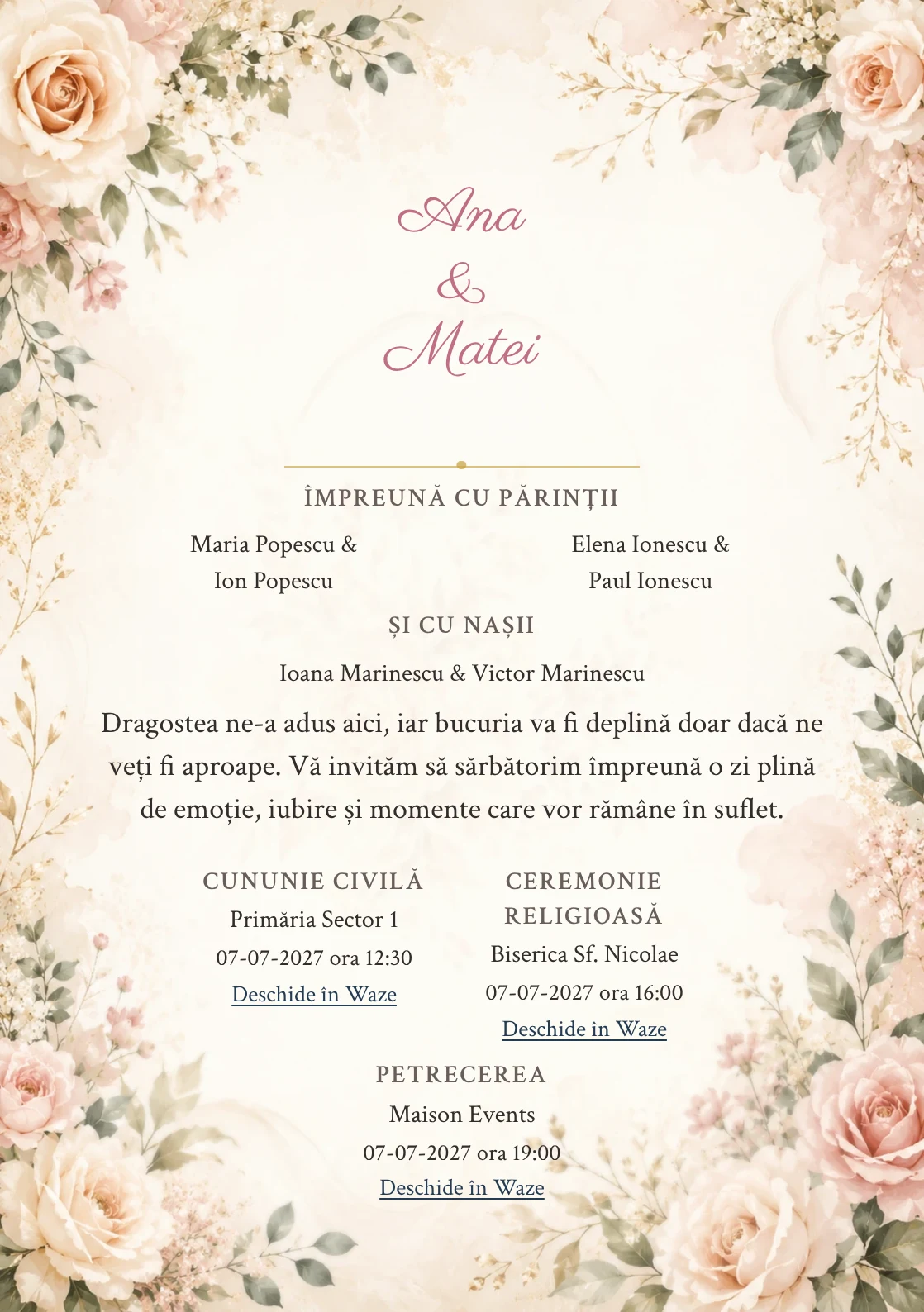 Invitație digitală de nuntă Floral Elegant, fundal florală crem blush, potrivit pentru pachetele Basic și Premium
