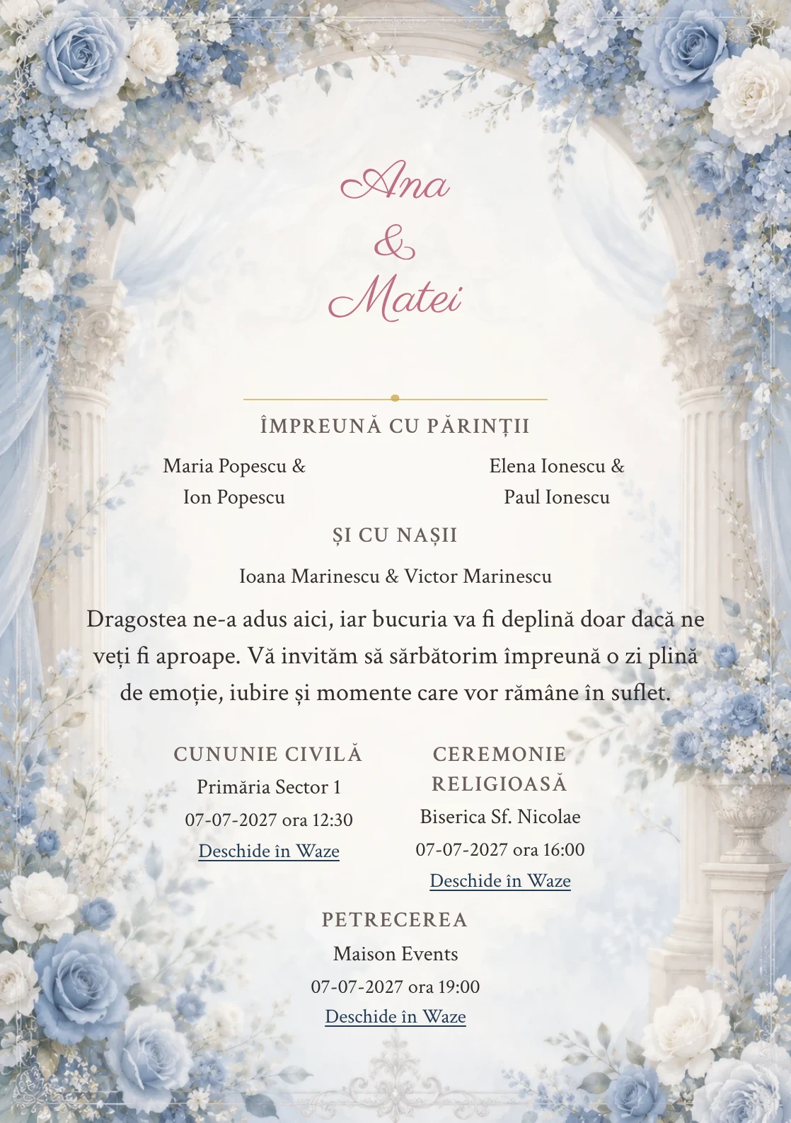 Invitație digitală de nuntă Bleu Regal, fundal bleu pudrat regală, potrivit pentru pachetele Basic și Premium