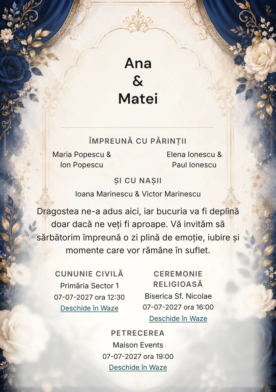 Invitație digitală de nuntă Albastru Imperial, fundal albastru regal, potrivit pentru pachetele Basic și Premium