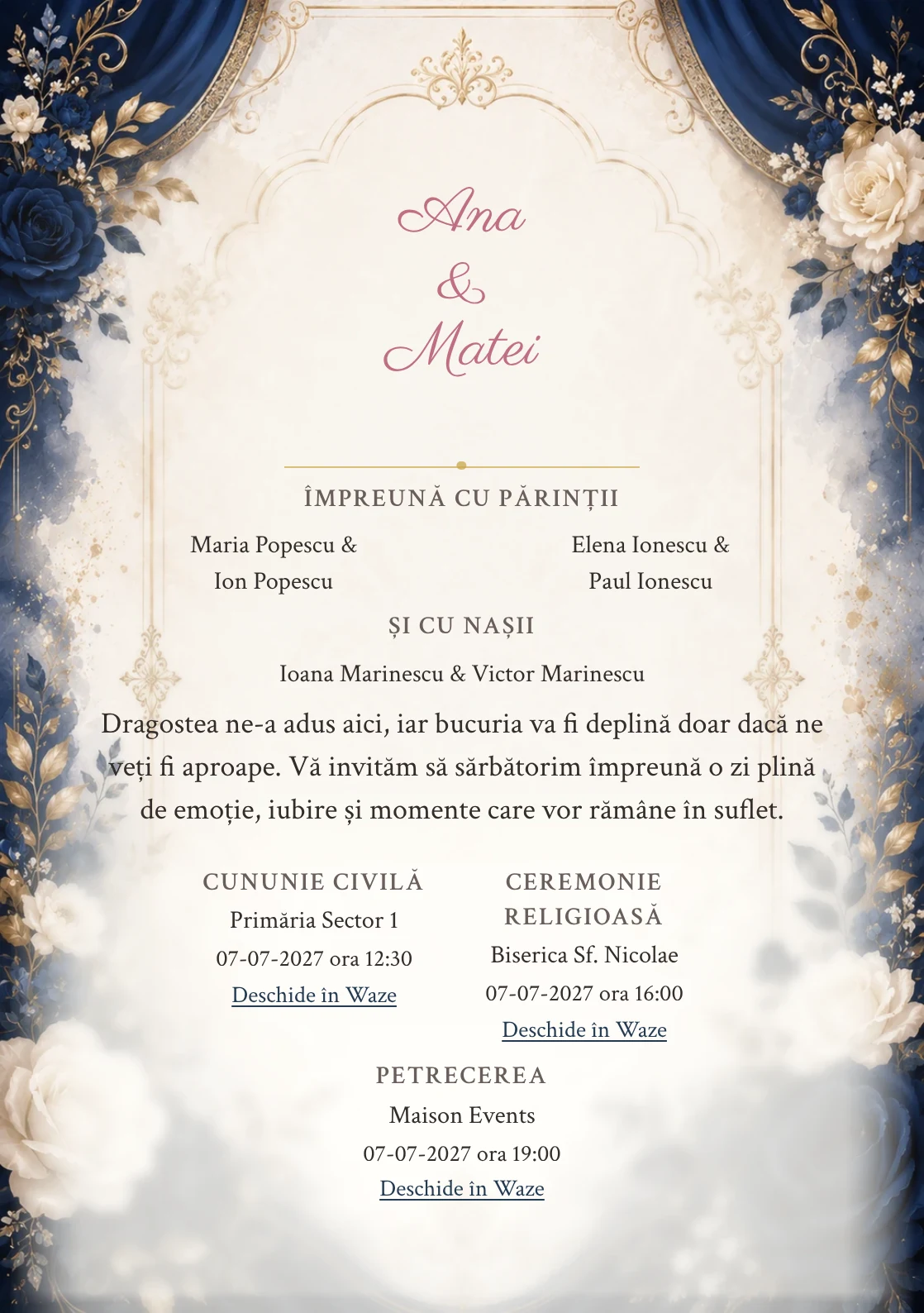 Invitație digitală de nuntă Albastru Imperial, fundal albastru regal, potrivit pentru pachetele Basic și Premium