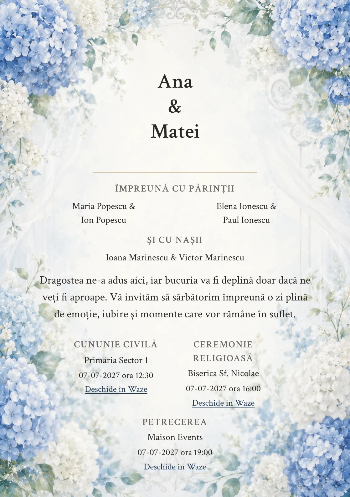 Invitație digitală de nuntă Hortensii de Azur, fundal cu hortensii albastre, potrivit pentru pachetele Basic și Premium