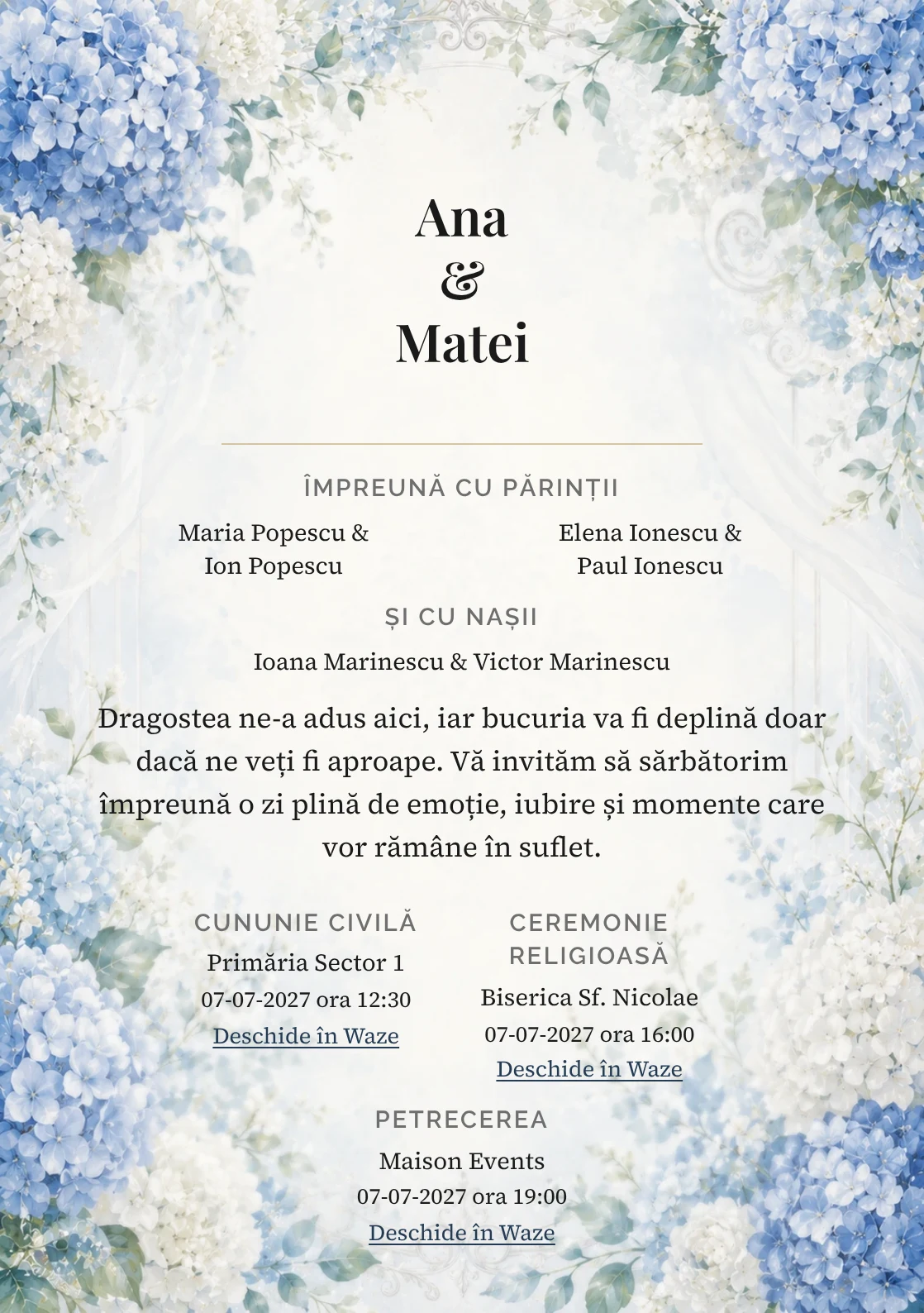 Invitație digitală de nuntă Hortensii de Azur, fundal cu hortensii albastre, potrivit pentru pachetele Basic și Premium