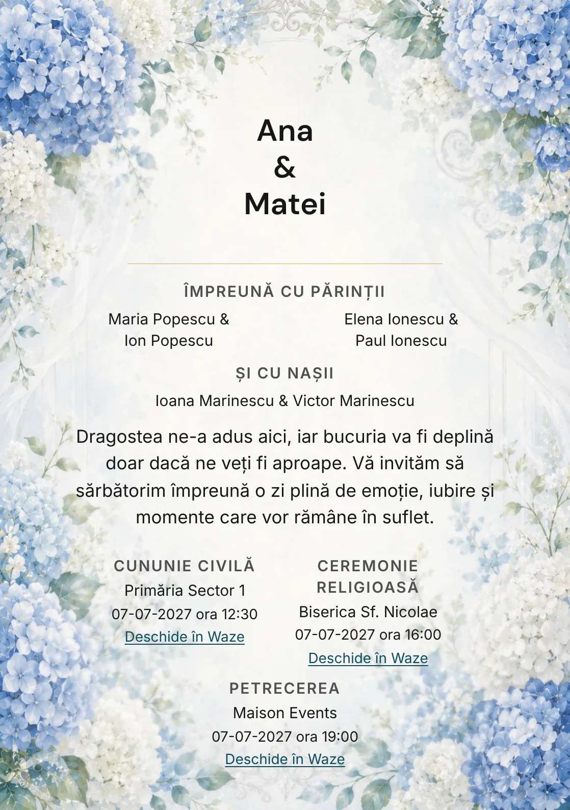 Invitație digitală de nuntă Hortensii de Azur, fundal cu hortensii albastre, potrivit pentru pachetele Basic și Premium