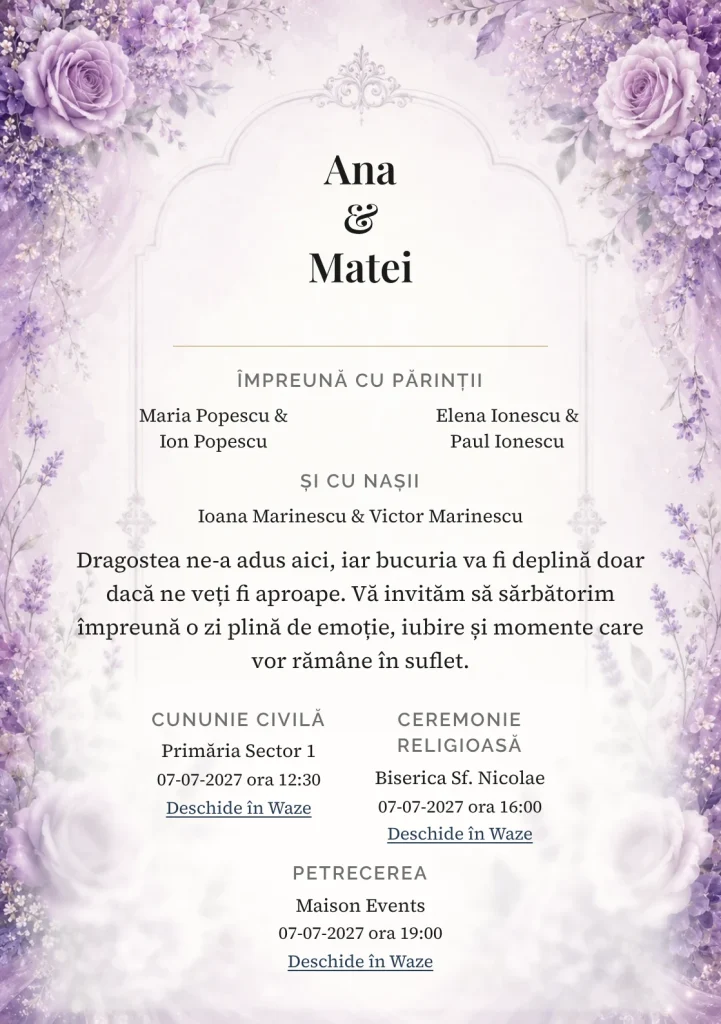 Fundalul Mov de Poveste, pentru invitații de nuntă, se remarcă prin flori mov fine și accente de lavandă, mov prăfuit și ivory.