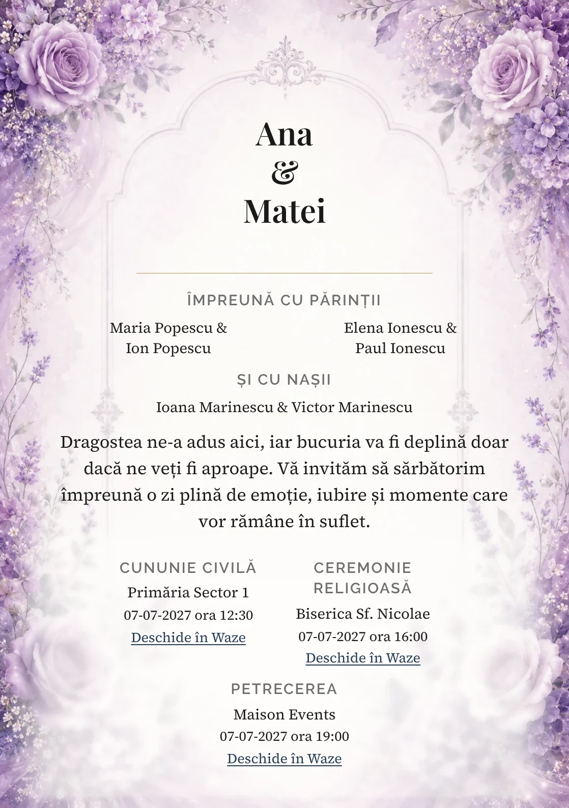 Invitație digitală de nuntă Mov de Poveste, fundal mov lavandă, potrivit pentru pachetele Basic și Premium