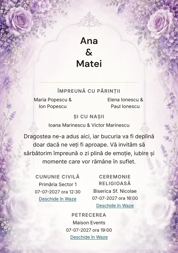 Fundalul Mov de Poveste, pentru invitații de nuntă, se remarcă prin flori mov fine și accente de lavandă, mov prăfuit și ivory.