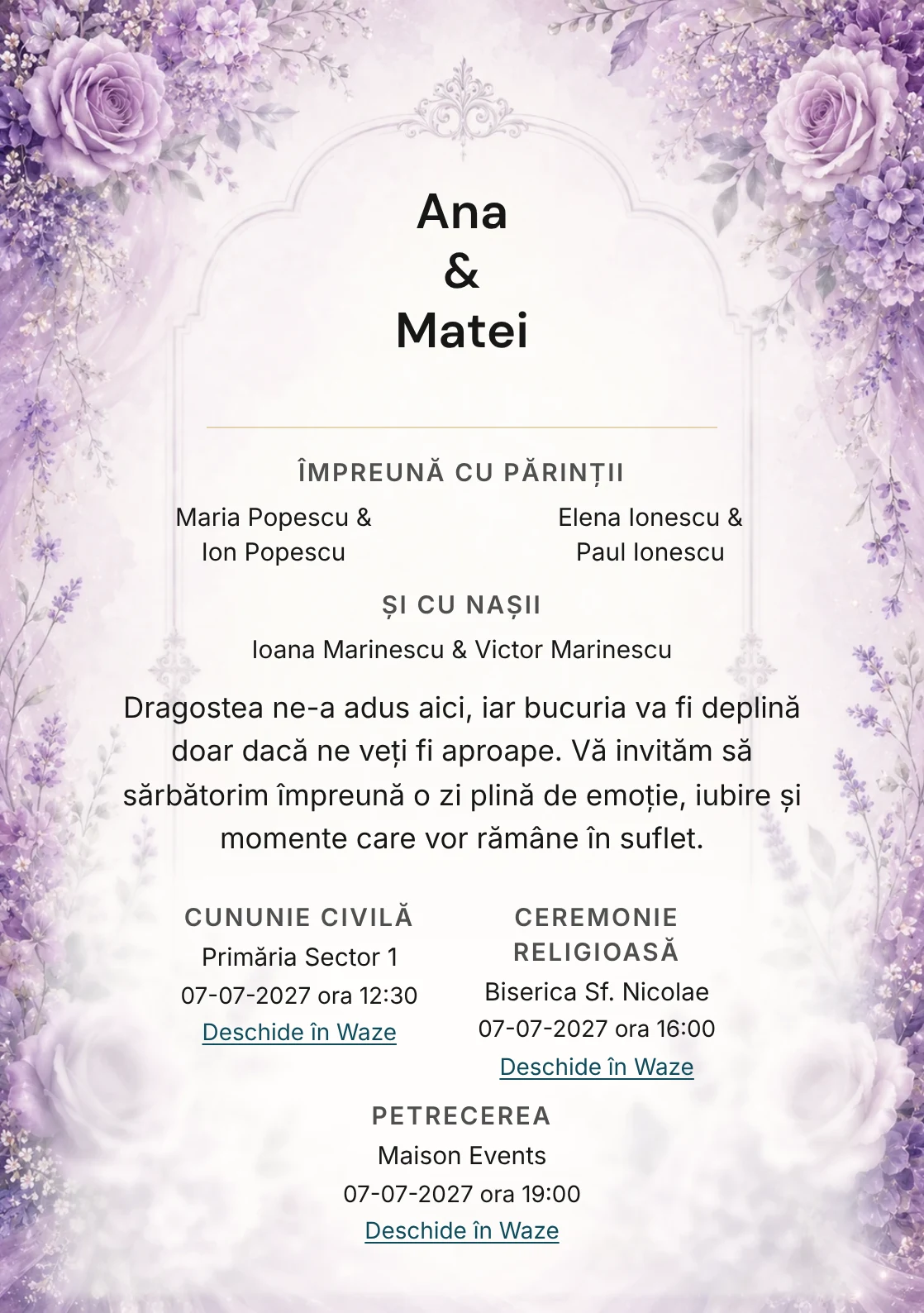 Invitație digitală de nuntă Mov de Poveste, fundal mov lavandă, potrivit pentru pachetele Basic și Premium