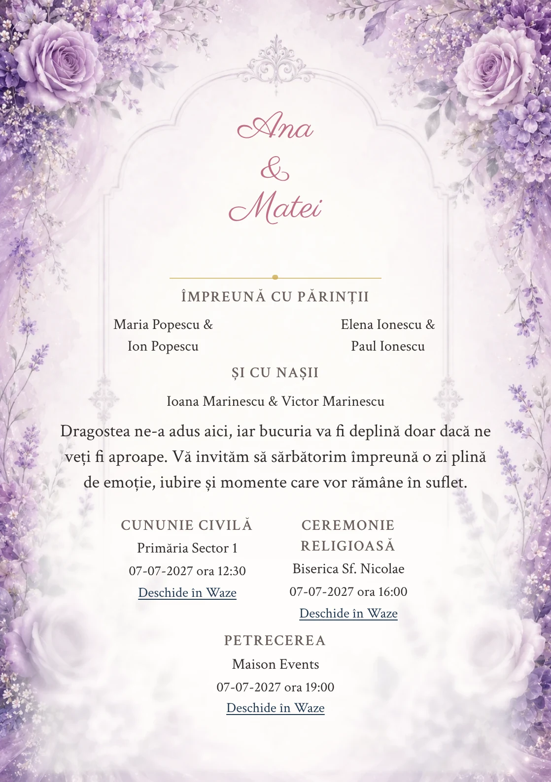 Invitație digitală de nuntă Mov de Poveste, fundal mov lavandă, potrivit pentru pachetele Basic și Premium