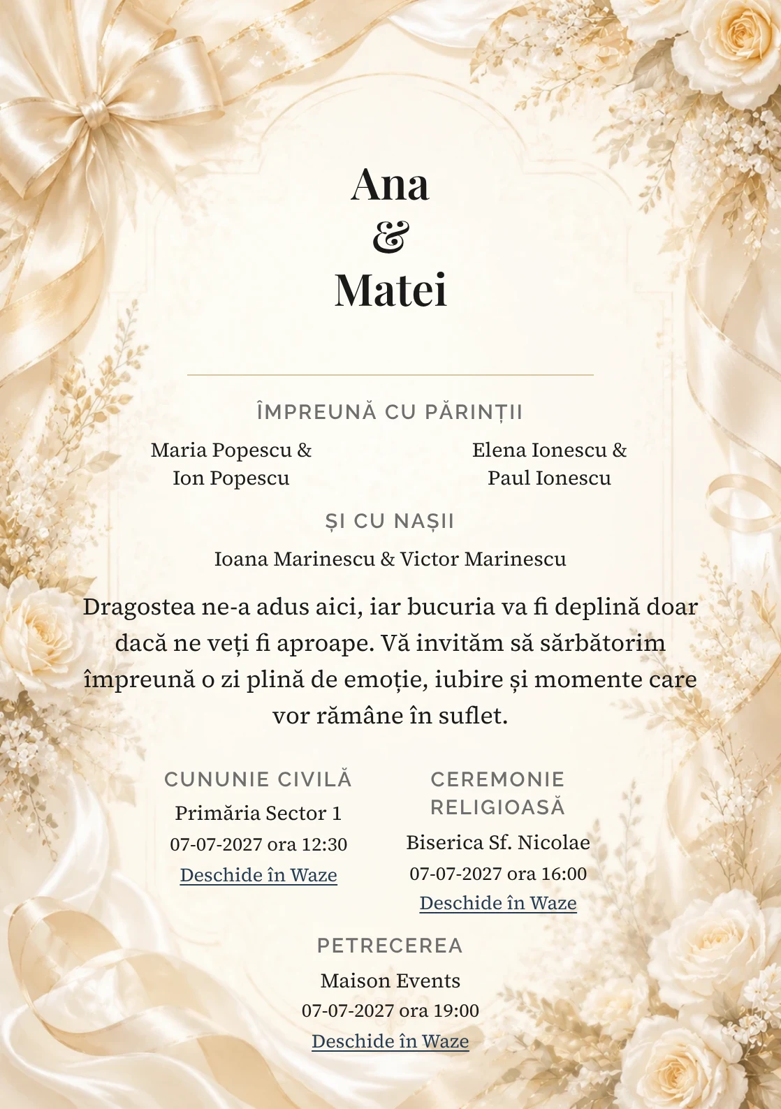 Invitație digitală de nuntă Panglică Regală, fundal ivory cu panglici satinate, potrivit pentru pachetele Basic și Premium