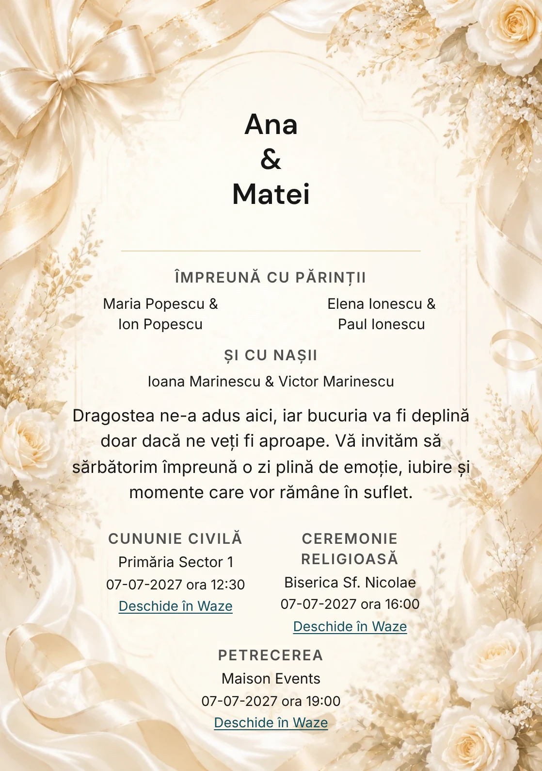 Invitație digitală de nuntă Panglică Regală, fundal ivory cu panglici satinate, potrivit pentru pachetele Basic și Premium