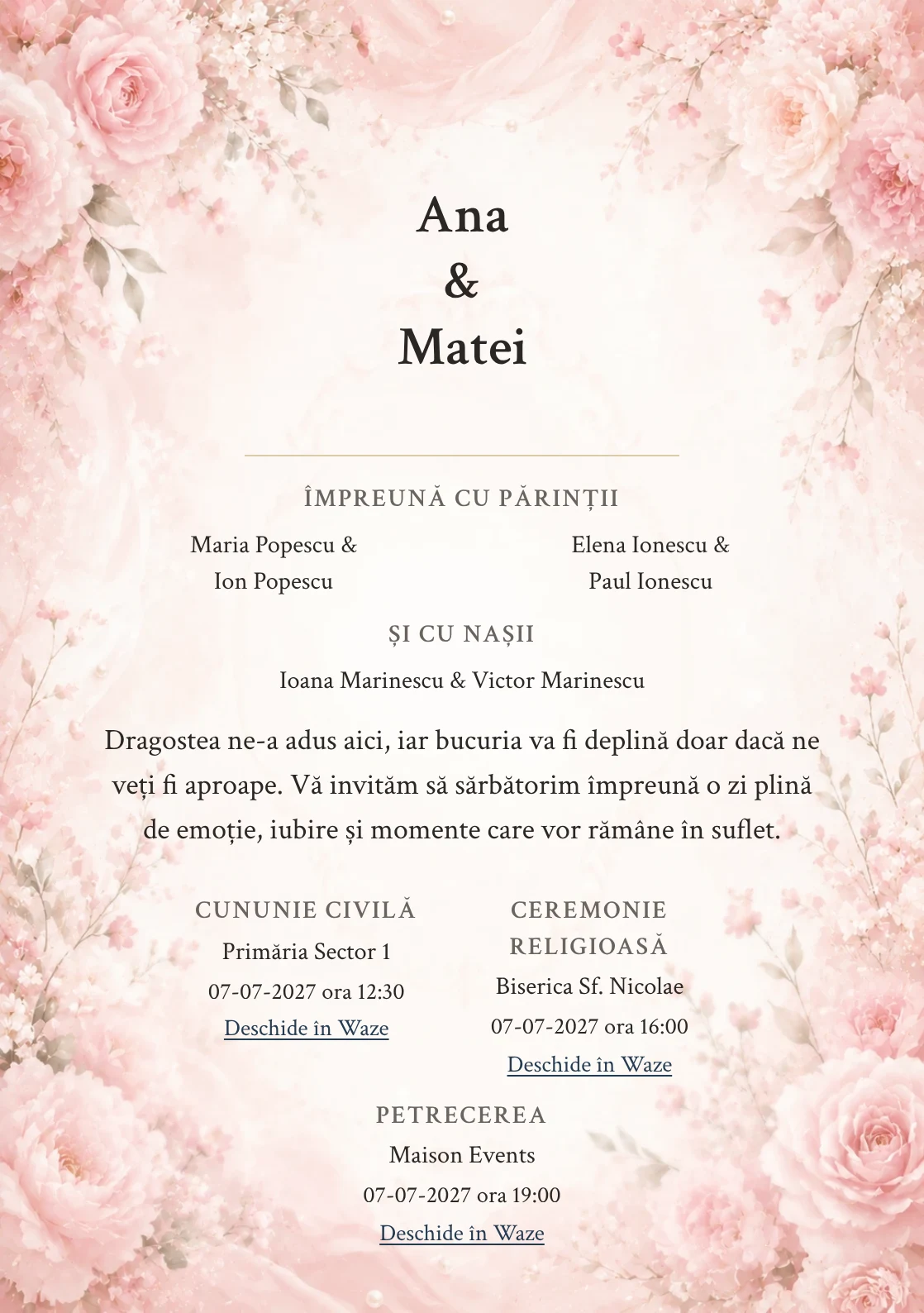 Invitație digitală de nuntă Poveste Roz, fundal roz pudrat romantică, potrivit pentru pachetele Basic și Premium