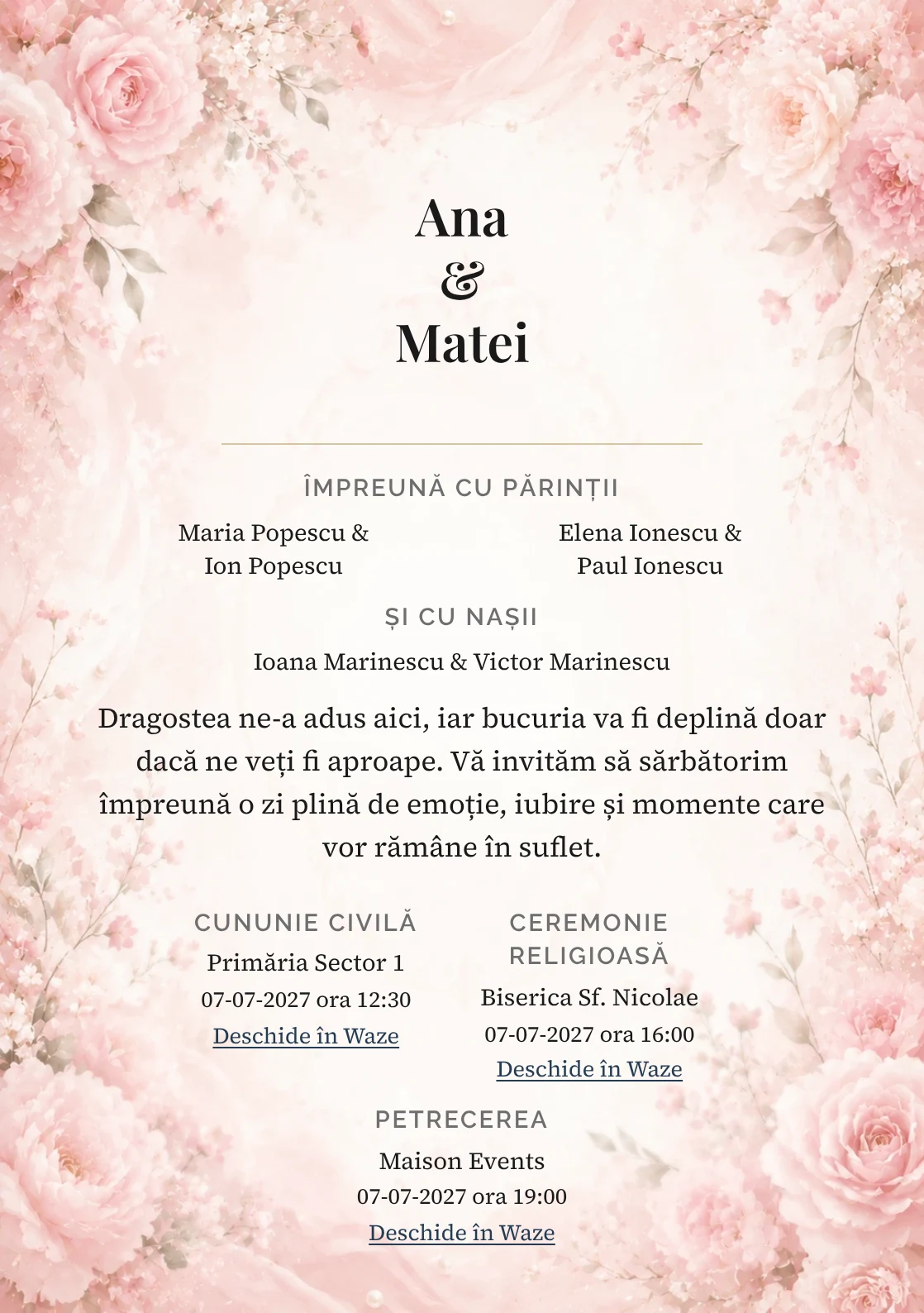 Invitație digitală de nuntă Poveste Roz, fundal roz pudrat romantică, potrivit pentru pachetele Basic și Premium