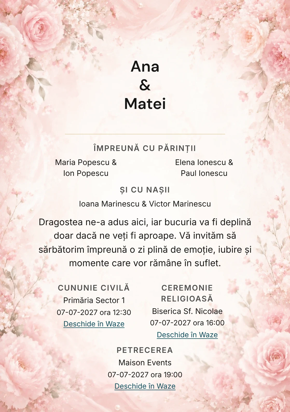 Invitație digitală de nuntă Poveste Roz, fundal roz pudrat romantică, potrivit pentru pachetele Basic și Premium