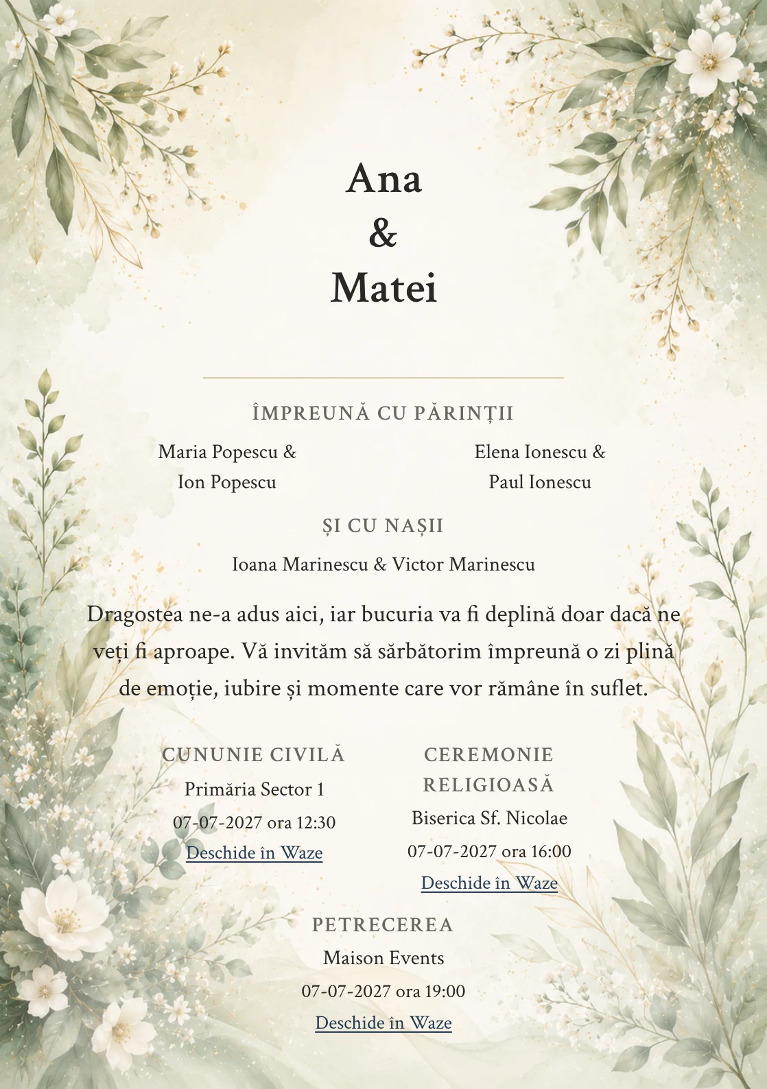 Invitație digitală de nuntă Salvia Romantică, fundal verde salvie romantică, potrivit pentru pachetele Basic și Premium