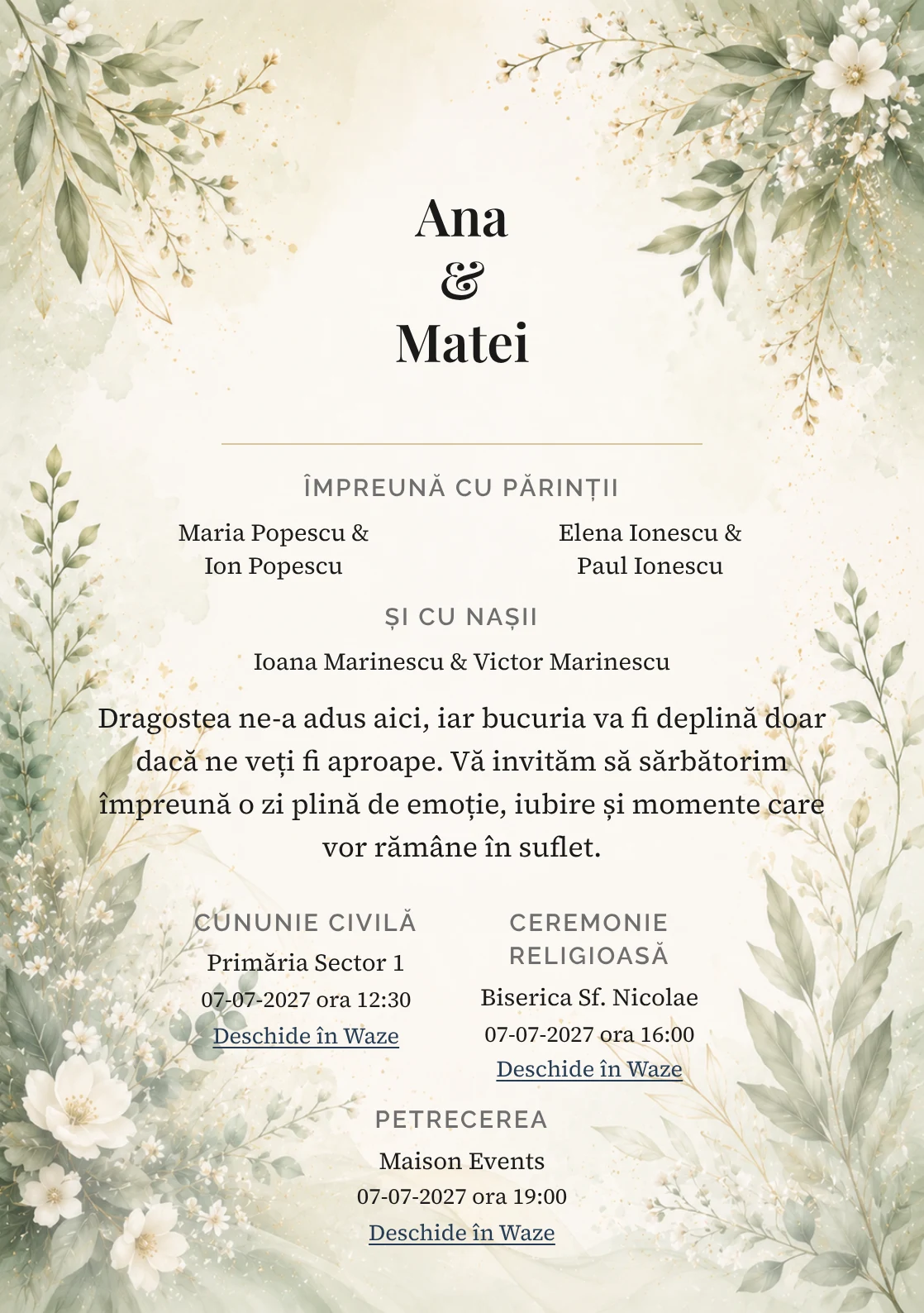 Invitație digitală de nuntă Salvia Romantică, fundal verde salvie romantică, potrivit pentru pachetele Basic și Premium