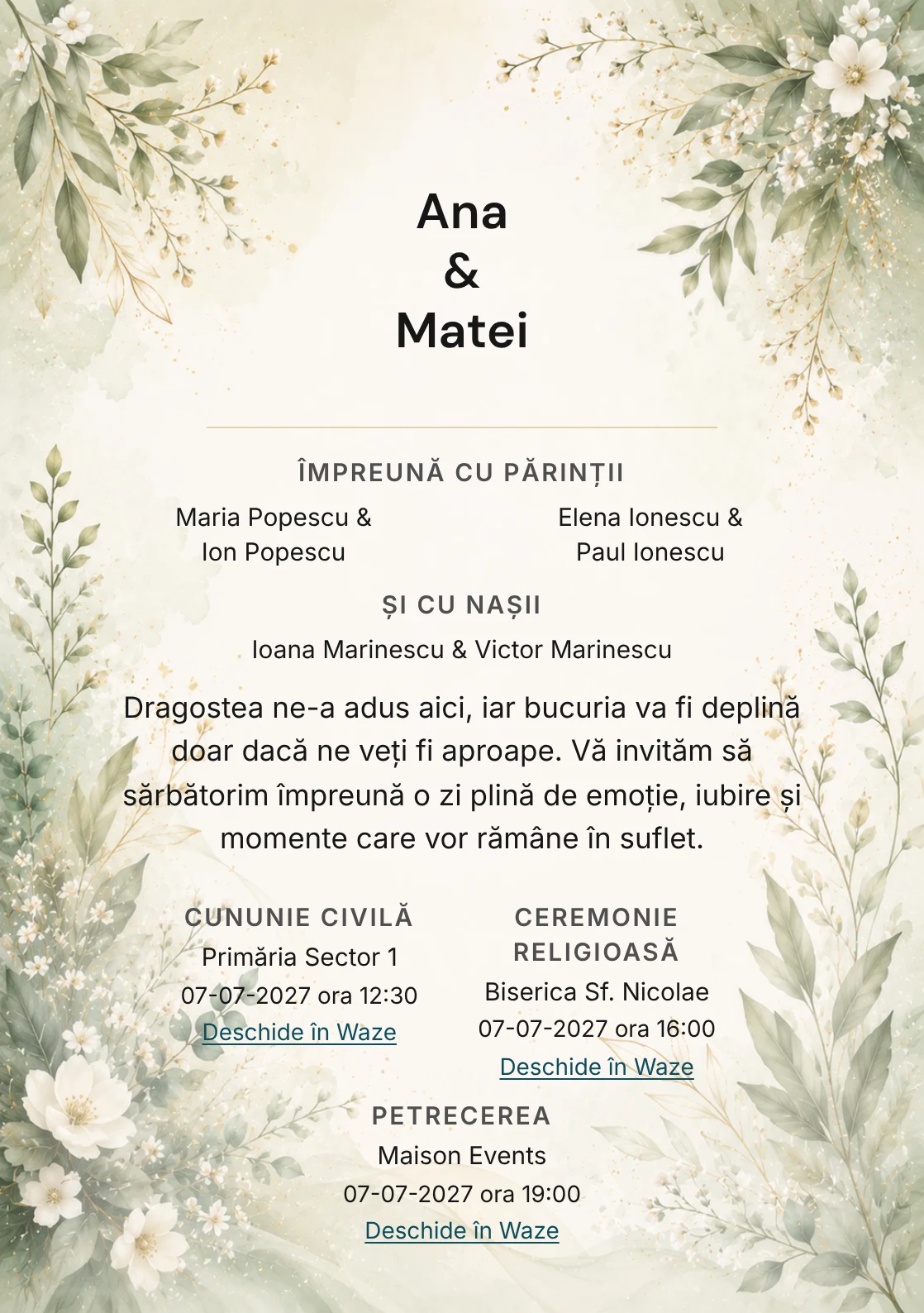 Invitație digitală de nuntă Salvia Romantică, fundal verde salvie romantică, potrivit pentru pachetele Basic și Premium