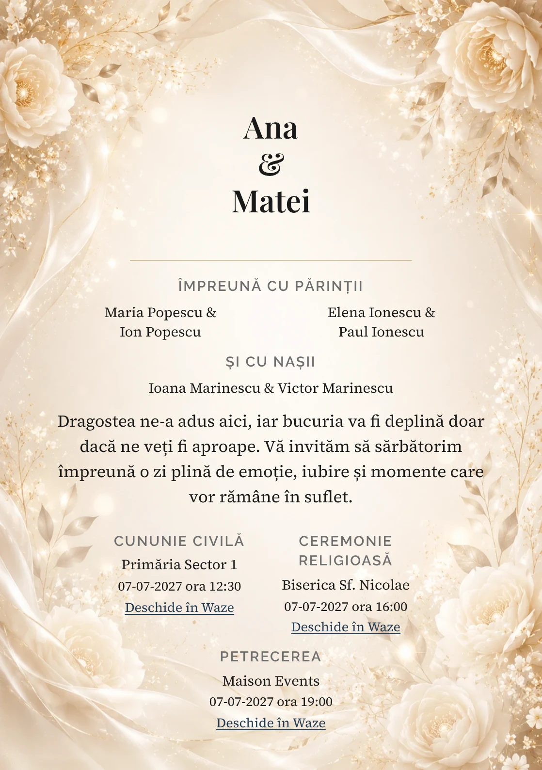 Invitație digitală de nuntă Șampanie Satinată, fundal champagne satinată, potrivit pentru pachetele Basic și Premium
