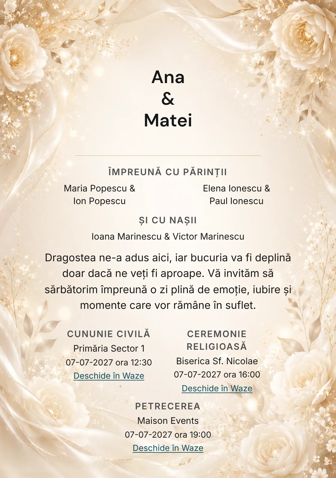 Invitație digitală de nuntă Șampanie Satinată, fundal champagne satinată, potrivit pentru pachetele Basic și Premium