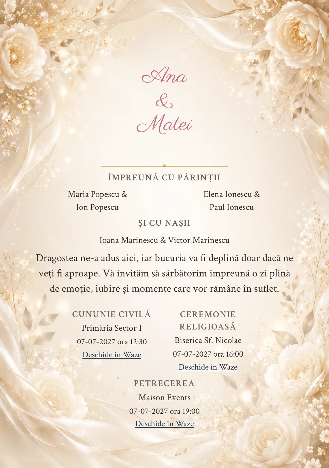 Invitație digitală de nuntă Șampanie Satinată, fundal champagne satinată, potrivit pentru pachetele Basic și Premium