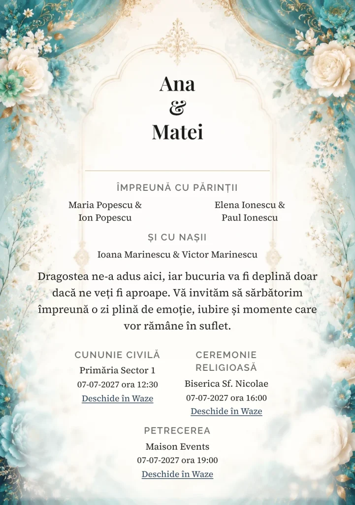 Designul Turcoaz Imperial, în colecția de invitații nuntă, combină decor turcoaz luminos cu o cromatică de turcoaz, bleu marin și alb cald.