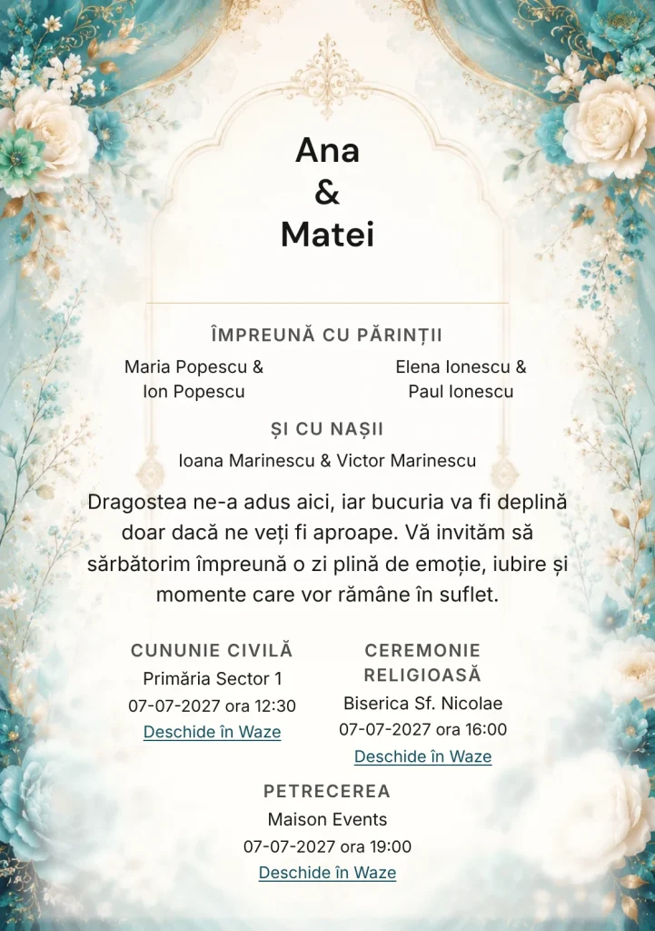 Designul Turcoaz Imperial, în colecția de invitații nuntă, combină decor turcoaz luminos cu o cromatică de turcoaz, bleu marin și alb cald.