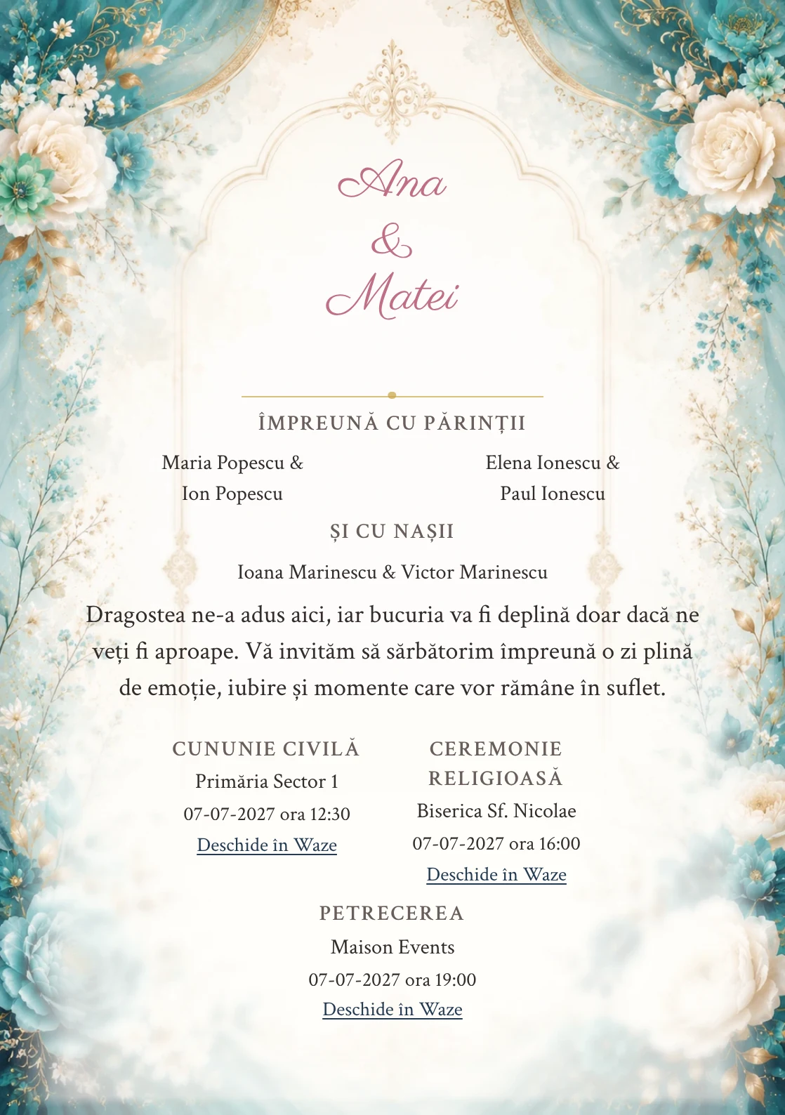 Invitație digitală de nuntă Turcoaz Imperial, fundal turcoaz imperială, potrivit pentru pachetele Basic și Premium
