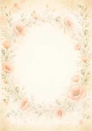 Invitație digitală de botez Coroniță de Maci, fundal cu coroniță de maci pastel, coral pal, verde măsliniu și alb cald și centru luminos pentru text