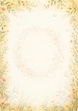 Invitație digitală de botez Cunună de Flori, fundal cu cunună florală subțire, flori de câmp pastel, galben unt și piersică pal și centru luminos pentru text