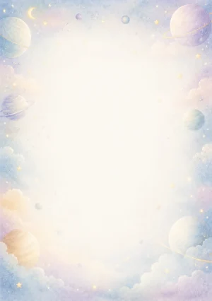 Invitație digitală de botez Micul Univers, fundal cu planete pastel pe margini, stele, nori fini, albastru cosmic pal și lila rece și centru luminos pentru text