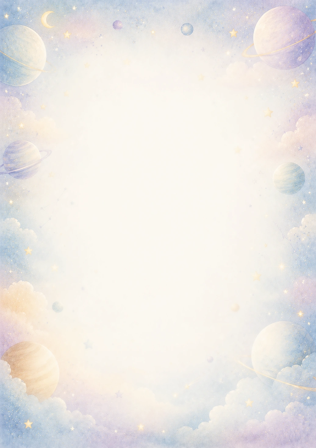 Invitație digitală de botez Micul Univers, fundal cu planete pastel pe margini, stele, nori fini, albastru cosmic pal și lila rece și centru luminos pentru text
