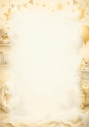 Invitație digitală de botez Micuțul Miracol, fundal cu decor luminos de cameră de copil, jucării fine, stele mici și tonuri crem-vanilie și centru luminos pentru text