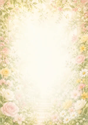 Invitație digitală de botez Rai de Flori, fundal cu grădină luminoasă, flori periferice, lumină florală centrală și galben cald și centru luminos pentru text