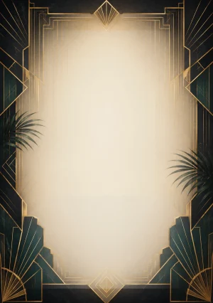 Invitație digitală aniversară Art Deco, fundal premium cu linii geometrice aurii, verde smarald și crem luminos