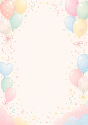 Invitație digitală de zi de naștere Baloane Colorate, fundal pastel cu baloane pastel, panglici și confetti fin