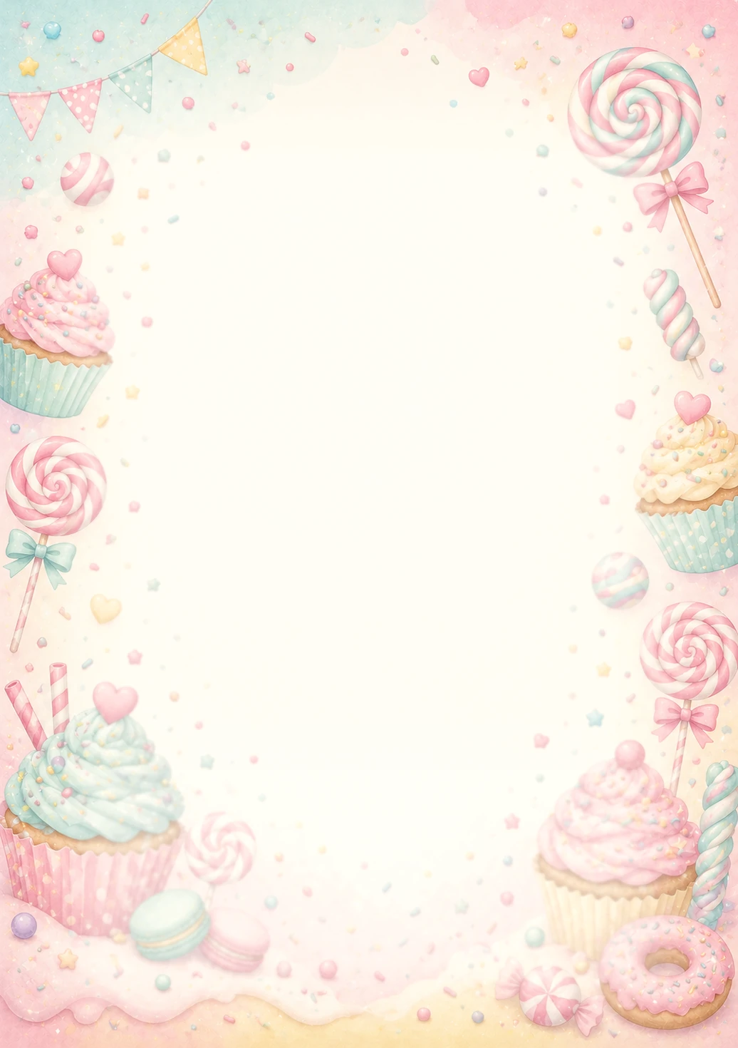Invitație digitală de zi de naștere Candy Land, fundal pastel cu acadele, cupcakes, confetti și tonuri dulci