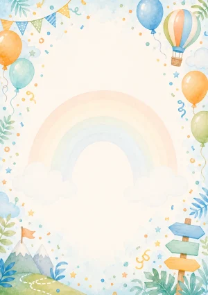 Invitație digitală de zi de naștere Curcubeu Vesel, fundal pastel cu curcubeu grafic soft, baloane și confetti