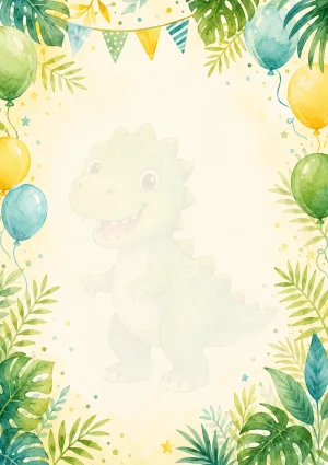 Invitație digitală de zi de naștere Dino Party, fundal pastel cu dinozauri prietenoși, frunze tropicale și baloane pastel