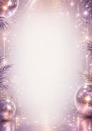 Invitație digitală aniversară Disco Elegant, fundal premium cu globuri de oglinzi, reflexii argintii și violet pal