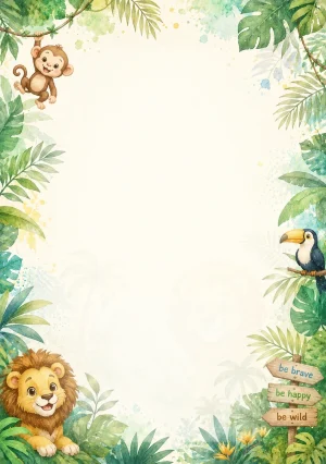 Invitație digitală de zi de naștere Jungle Fun, fundal pastel cu animale simpatice, frunze tropicale și tonuri jungle