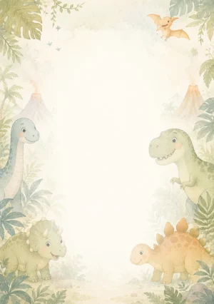 Invitație digitală de zi de naștere Lumea Dino, fundal pastel cu familie de dinozauri, frunze și vulcani soft