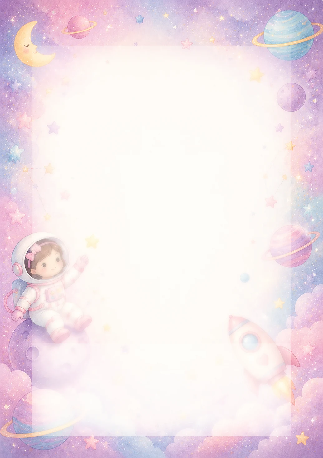 Invitație digitală de zi de naștere Micii Astronauți, fundal pastel cu astronaută, planete pastel și stele laterale