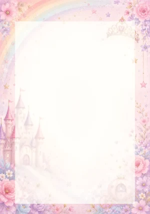 Invitație digitală de zi de naștere Prințesa Curcubeu, fundal pastel cu castel, coroniță, curcubeu soft și steluțe