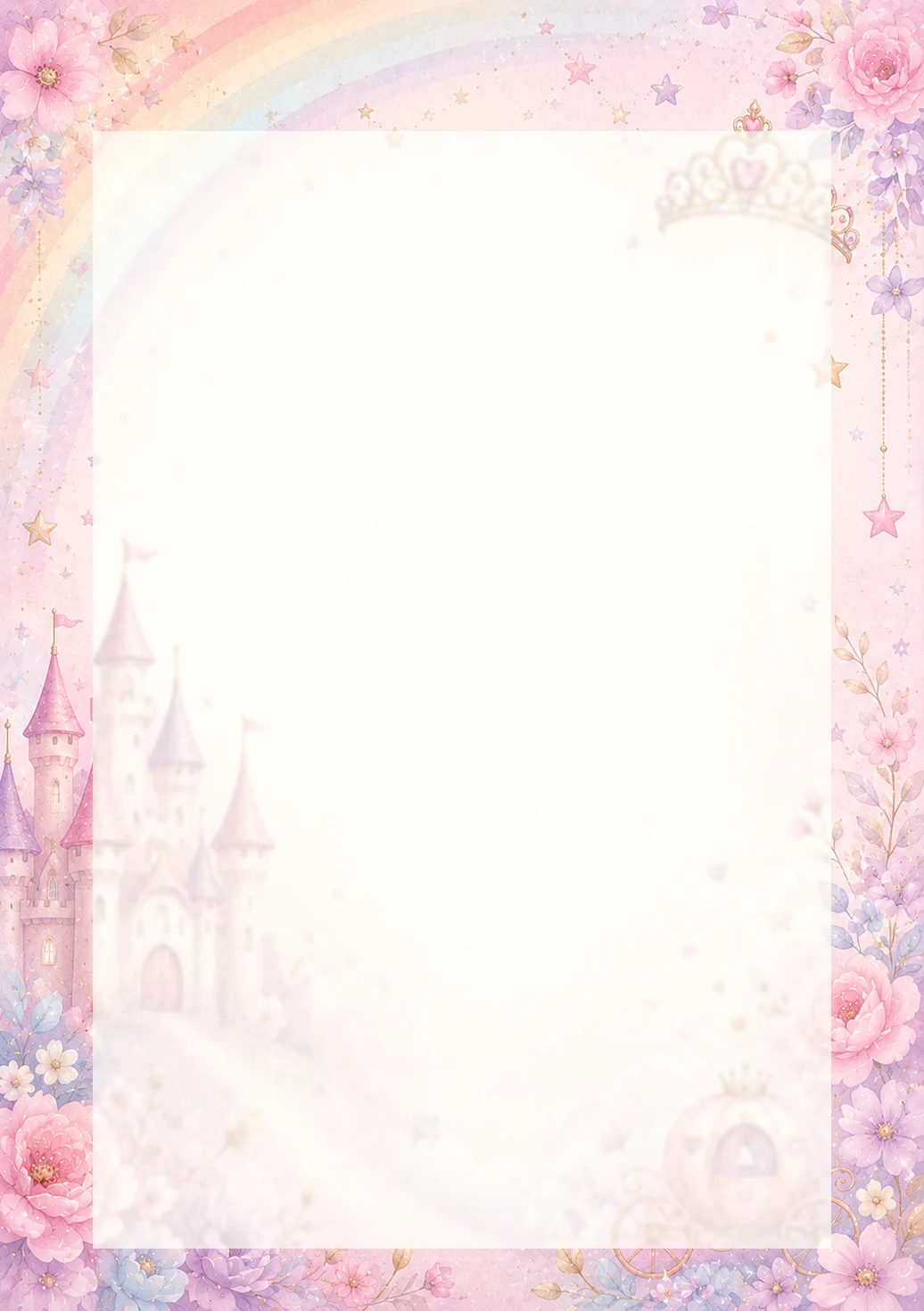 Invitație digitală de zi de naștere Prințesa Curcubeu, fundal pastel cu castel, coroniță, curcubeu soft și steluțe