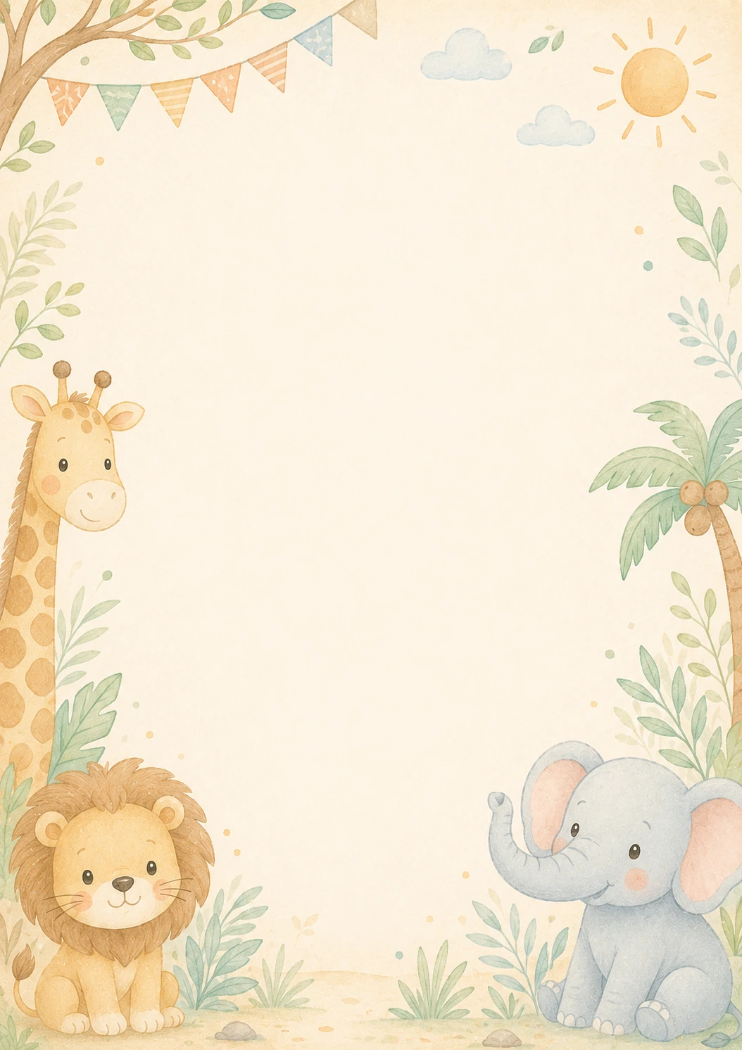 Invitație digitală de zi de naștere Safari Junior, fundal pastel cu girafă, leu, elefant și vegetație safari